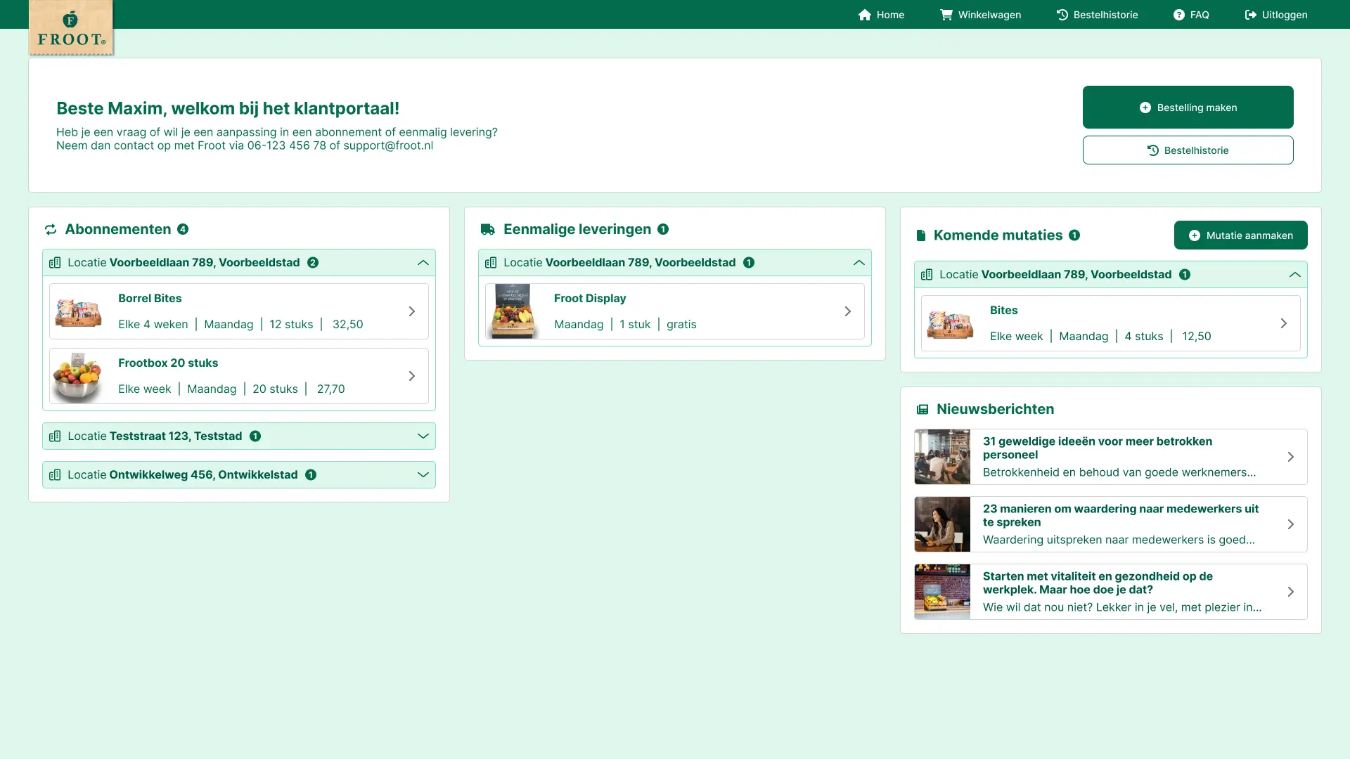 Home screen of Froot web app, with an overview of all active subscriptions and deliveries.