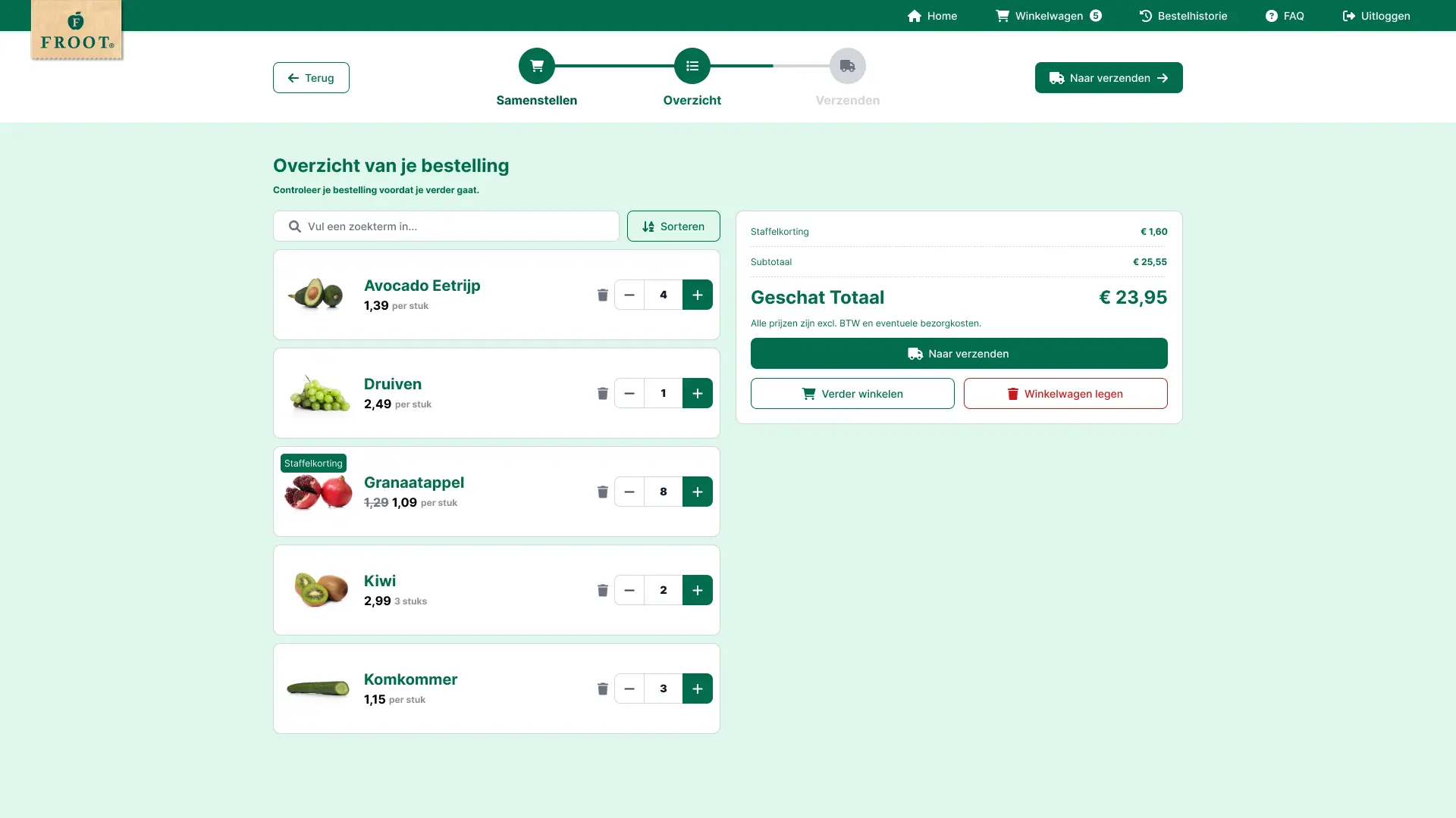 Order overview page of the Froot application